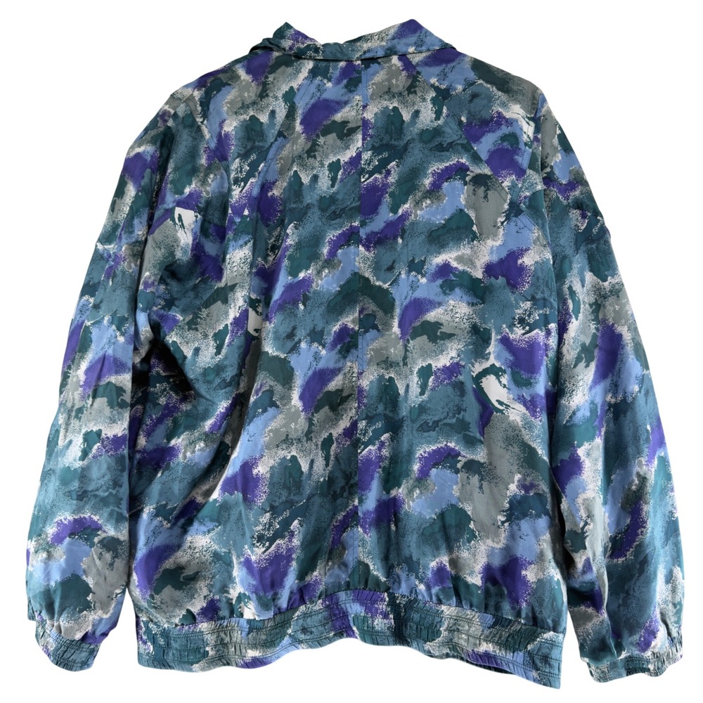 Trovare Vintage 100% Silk Abstract Watercolor Bomber Jacket Blue Purple Womens M - Picture 2 of 8